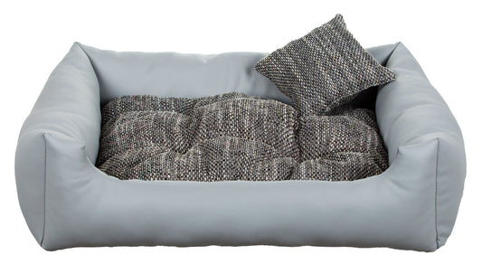Luxury light grey dog bed with soft cushion and matching pillow – elegant, easy-to-clean pet bedding by PAWDORO