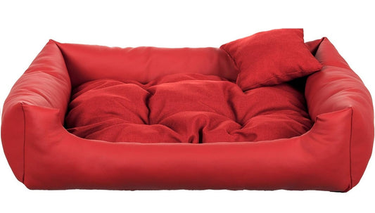 Luxury red dog bed with soft cushion and matching pillow – elegant, easy-to-clean pet bedding by PAWDORO