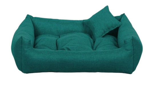 Luxury turquise dog bed with soft cushion and matching pillow – elegant, easy-to-clean pet bedding by PAWDORO