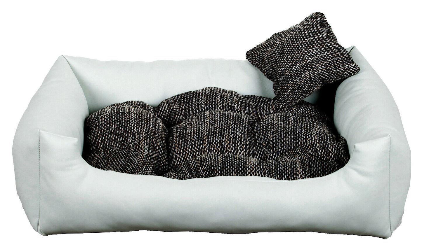 Luxury white dog bed with soft cushion and matching pillow – elegant, easy-to-clean pet bedding by PAWDORO