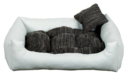 Luxury white dog bed with soft cushion and matching pillow – elegant, easy-to-clean pet bedding by PAWDORO