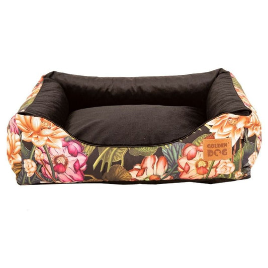 Premium square dog bed with black interior and vivid floral-patterned sides in pink, orange, and white , a stylish and comfortable lounger for small to medium-sized pets.