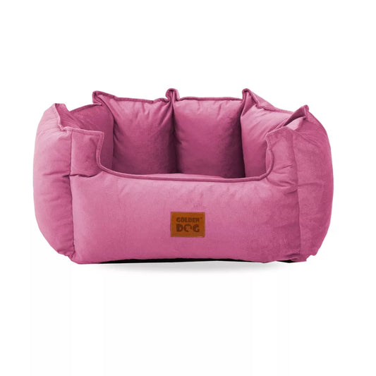 Close-up of pink dog bed with zippered cover being opened — washable upholstery detail showing how the cover can be removed for cleaning