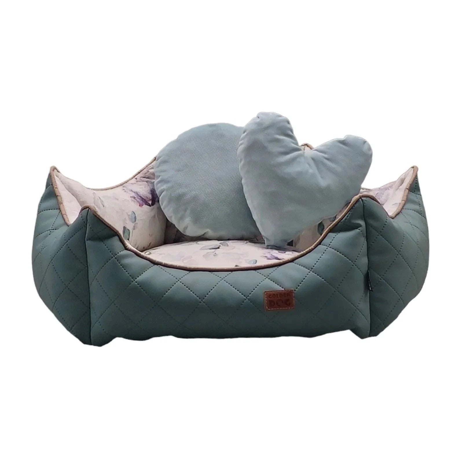 Sage princess dog bed with quilted surface, heart and round pillows, and floral inner lining — elegant pet bedding  for comfort and charm
