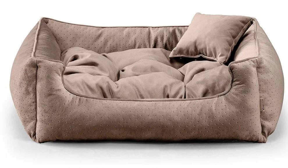 Close-up of Relax Bless dog bed in brown fabric.