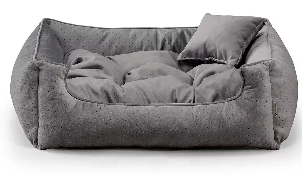 Close-up of Relax Bless dog bed in dark grey fabric.