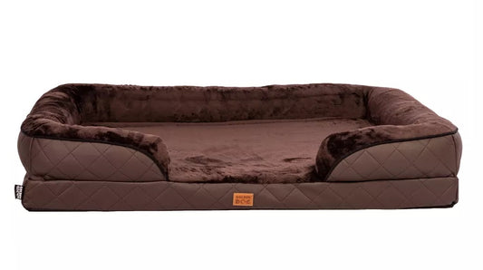 Orthopaedic dog bed in chocolate eco-leather with raised sides and soft blanket — designed for joint support and comfort,
