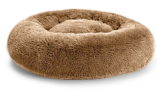 Brown round plush dog bed with raised edges — Sweet Donut model, soft-touch fabric, washable and ideal for small to medium dogs