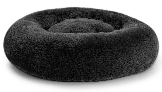 Dark grey round plush dog bed with raised edges — Sweet Donut model, ideal for small and medium dogs, made from soft-touch fabric and easy to clean