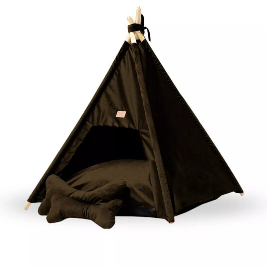 Tipi-style dog bed made from dark brown Royal Velvet fabric — includes soft cushion and bone-shaped pillows, supported by wooden poles