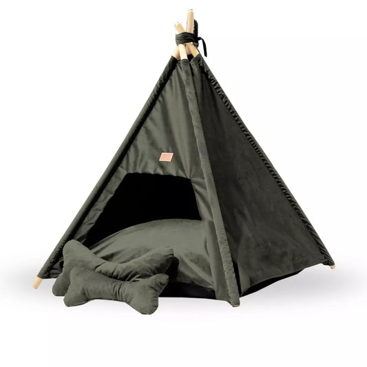 Tipi-style dog bed made from dark grey Royal Velvet fabric — includes soft cushion and bone-shaped pillows, supported by wooden poles