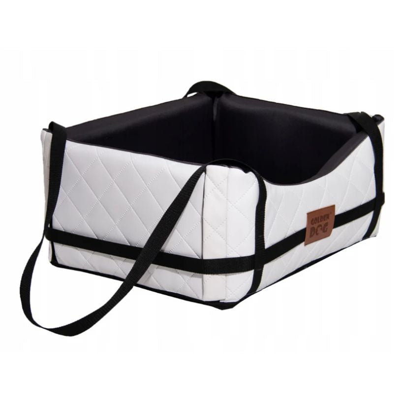 White quilted dog car seat cover ; includes adjustable securing straps and fits standard car seats — a protective travel accessory for pet owners.
