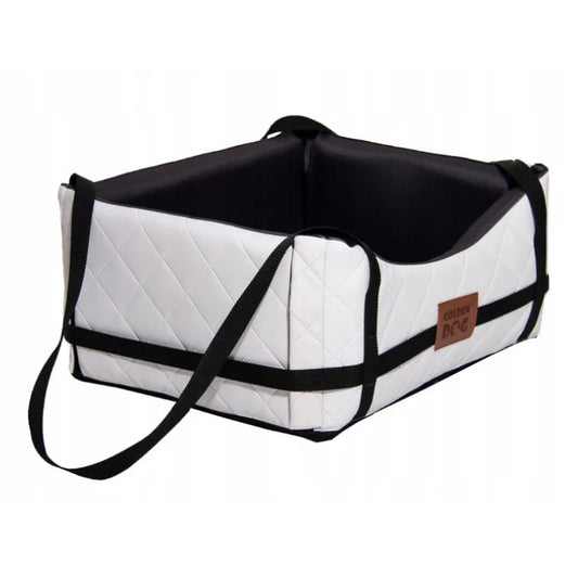 White quilted dog car seat cover ; includes adjustable securing straps and fits standard car seats — a protective travel accessory for pet owners.